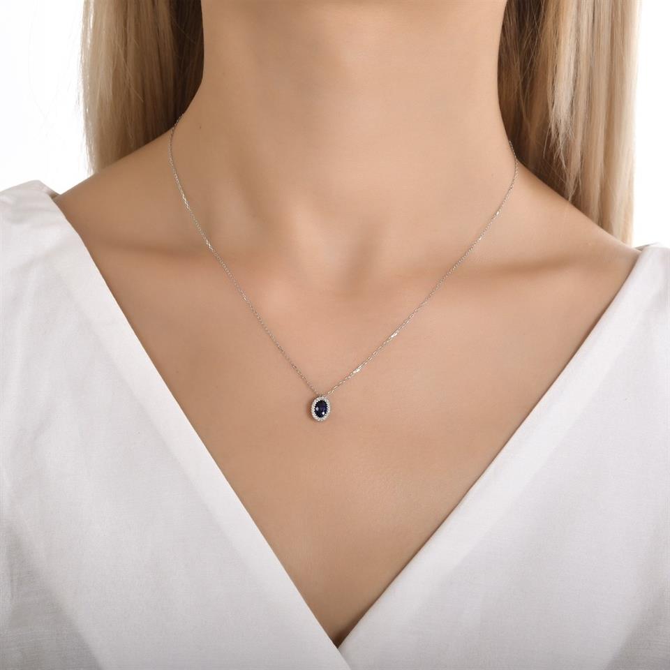 Oval Kesim Safir Taşlı Tasarım Pırlanta Kolye