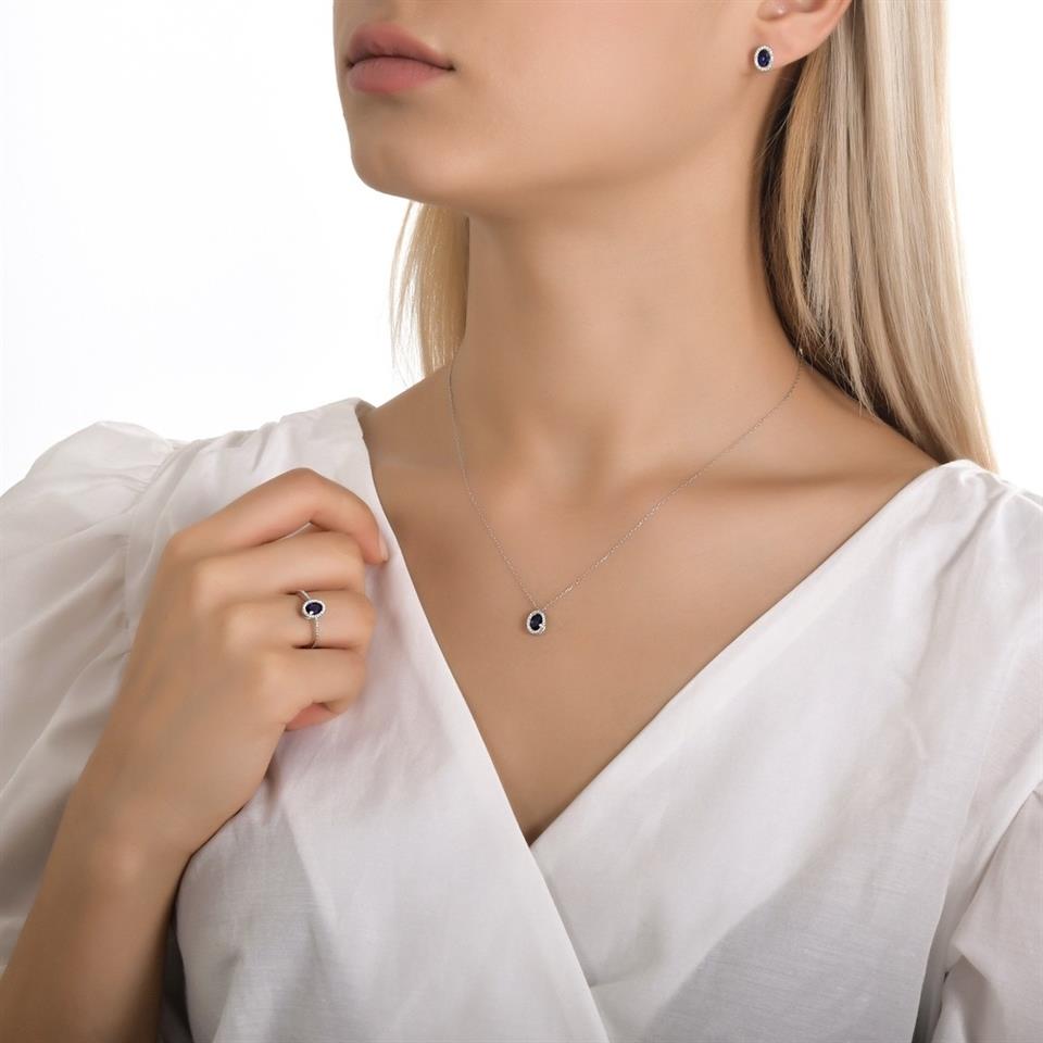 Oval Kesim Safir Taşlı Tasarım Pırlanta Kolye